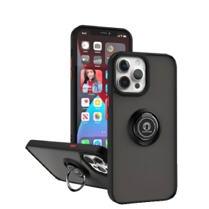 Husa Anti Fall Metal Bracket pentru Apple iPhone 13 Pro, Rezistenta la socuri, Margini colorate, Cu inel de prindere magnetic, Flippy, Negru