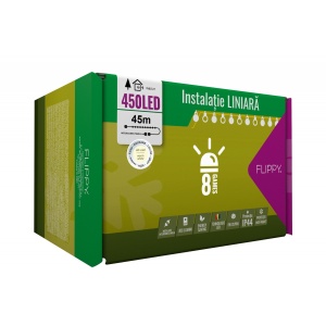 Instalatie Craciun, 45 m, 450 Led-uri ,Liniara, Alb cald, 8 jocuri de lumini, Transformator cu telecomanda, Interconectabila, Prelungitor 3 m inclus, Fir Verde, Flippy