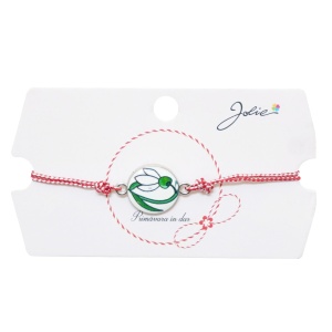 Martisor tip Bratara Traditionala cu Pandantiv, Jolie, Model Ghiocel, Snur Impletit Alb/Rosu, Dimensiune Pandativ Aprox 2 cm, Ambalaj cu Design