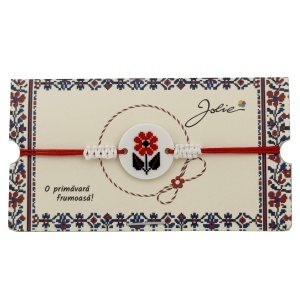 Martisor Traditional Bratara Norocoasa, Jolie, Model Rotund Floare, Bratara Martisor pentru Copii, din Plastic/Textil, Snur Rosu/Alb