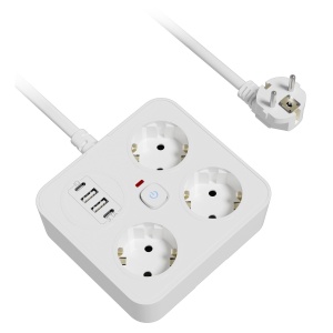 Prelungitor Multifunctional pentru Birou, Flippy, 3 Prize, 2 USB-A, 2 TYPE-C, Suport pentru Telefon, 3250W, Lungime Cablu 2 m, 11.4 x 12.4 cm, Alb