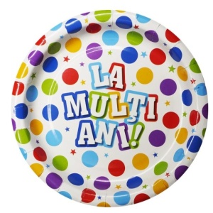 Set 10 Farfurii Unica Folosinta, Flippy, Imprimeu La Multi Ani, din Carton, Diametru 17 cm, Multicolor