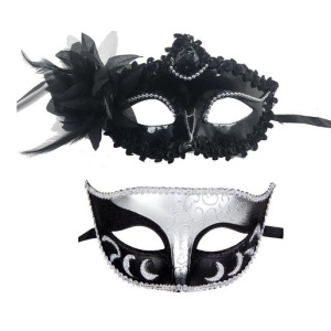 Set 2 Masti de Cuplu, Flippy, pentru Carnaval, Bal Mascat, Marime Universala, Model Floare Laterala si Margele, Model Clasic Fluture, Negru Argintiu