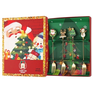 Set 4 Furculite, Flippy, Tema Craciun, Model Carry The Merry, 4 Modele, din Otel Inoxidabil, 19.5 x 16 x 2 cm, Multicolor