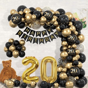 Set Baloane Folie si Latex, Flippy, Tematica Aniversare, Baloane Latex, Figurine Cifrele 2 si 0, Ambalaj Individual, Pai Inclus, Umflare cu Aer sau Heliu, Auriu Negru