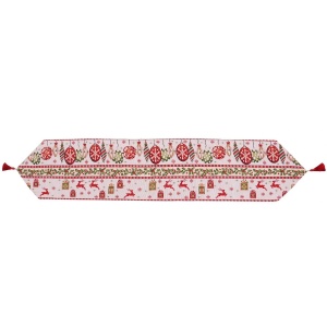 Traversa de Masa pentru Craciun, Flippy, Napron, din Material Tricotat cu Tesatura Groasa, Model Globuri, Reni si Cadouri, cu Colt si Ciucure, 173x34x0.2 cm, Alb/ Rosu