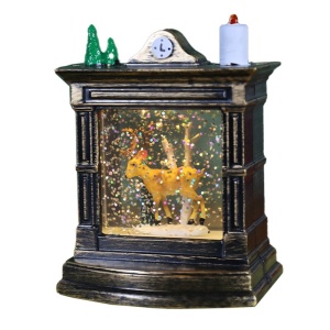 Decoratiune de Craciun tip Semineu / Ceas, Flippy, Glob de Cristal cu Fulgi de Zapada, Model Ren, Iluminare LED, 11.5 x 8.5 x 6.5 cm, Carcasa Vintage Bronze, Transparent