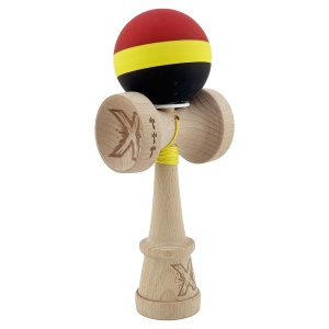 Kendama X Originala, Profesionala, Flippy, Cupe Mari KING SIZE V3, Rubber Grip, Gaura in Baza, Rulment Metalic, din lemn 18 cm, Ata 62/65 cm, M Rosu/Galben/Negru