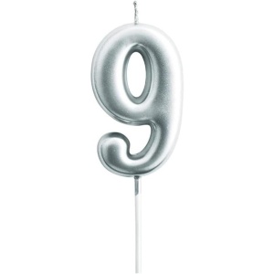 Lumanare de Tort, Flippy, Model Cifra 9, Party, 4.5 x 2.5 cm, din Parafina, Argintiu