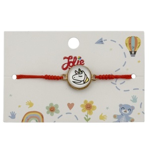 Martisor Bratara pentru Copii, Jolie, Model Unicorn, din Metal Auriu cu Snur Impletit Rosu, Alb/Galben