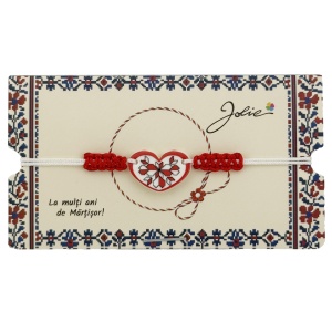 Martisor Traditional Bratara Norocoasa, Jolie, Model Inima, Bratara Martisor pentru Copii, din Plastic/Textil, Snur Alb/Rosu