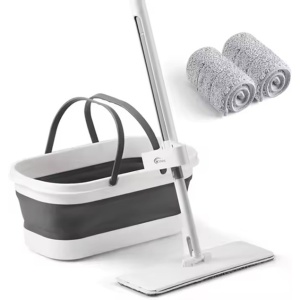 Mop Plat, Flippy, cu Galeata Pliabila, 2 Rezerve din Microfibra, 127 cm Tija Telescopica, Utilizare Umeda/Uscata, Recipient Lichid, Gri