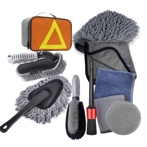 Set 10 Piese pentru Spalat Auto, Flippy, din Plastic si Microfibra, Perii si Lavete, Model C, Gri