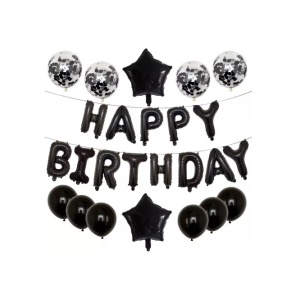 Set 25 de Baloane din Folie Metalizata si Latex, Flippy, Figurine 2 Stele, 4 Baloane Confetti, 13 Litere, 6 Latex, Model Happy Birthday, Tema Aniversare, 40 cm, Ambalaj Individual, Pai Inclus, Umflare cu Aer sau Heliu, Negru