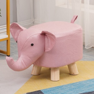 Taburet pentru Copii, Flippy, Scaun Tip Taburet, Model Elefant, din Lemn Masiv, Scaun pentru Copii, 30 x 25 x 25 cm, Roz