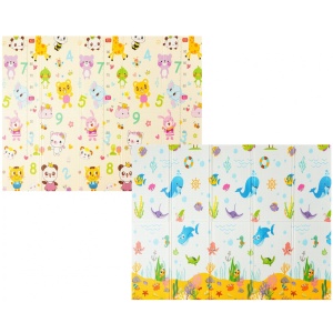 Covoras pentru Copii, Flippy, cu 2 Fete, Model Animale Marine/Exotice, din XPE+PE, Impermeabil, Antiderapant, Protectie Termica, +3 Luni, Pliabil, 180 x 200 x 1.5 cm, Multicolor