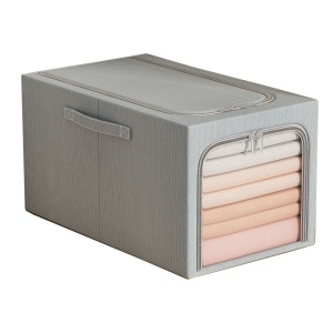 Cutie de Depozitare, Flippy, 31L, din In si Bumbac, Pliabila, Cadru din Otel, 45 x 30 x 23 cm, Albastru Fumuriu