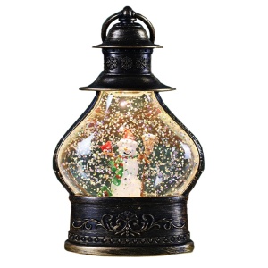 Decoratiune de Craciun tip Felinar, Flippy, Glob de Cristal cu Fulgi de Zapada, Model Om de Zapada, Ornamentat cu Luminite Interioare, 14.5 x 9 x 3 cm, Rama Neagra, Transparent