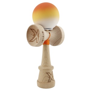 Kendama X Originala, Profesionala, Flippy, Cupe Mari KING SIZE V3, Rubber Grip, Gaura in Baza, Rulment Metalic, din lemn 18 cm, Ata 62/65 cm, Gradient Portocaliu/Galben/Alb