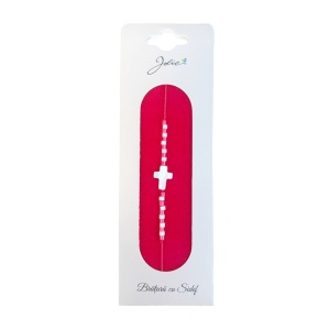 Martisor Bratara cu Sidef, Jolie, Model Cruce, cu Snur Rosu, Margele Alb/Rosu, Ambalaj de Carton