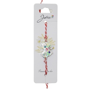 Martisor Bratara Snur Alb-Rosu, Jolie, Pandantiv Metalic, Model Fluture Pietre Colorate