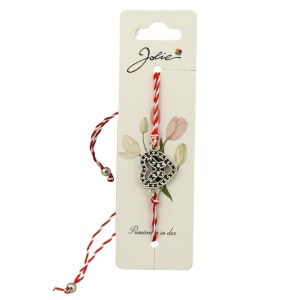 Martisor Bratara Snur Alb-Rosu, Jolie, Pandantiv Metalic, Model Inima cu Fluturas in interior
