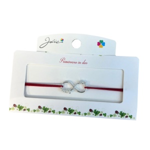 Martisor tip Bratara cu Pandantiv Metalic, Jolie, Snur Textil Rosu, Model Infinit, Dimensiune Reglabila, Nod Dublu, Ambalata Individual