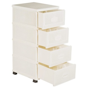 Organizator cu 4 Sertare din Plastic, Aspect Ratan, Crem