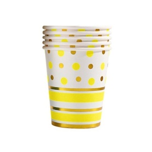 Set 10 Pahare, Flippy, Imprimeu cu Buline si Dungi, din Carton, 250 ml, 7.5 x 8.5 x 5.2 cm, Galben/Auriu