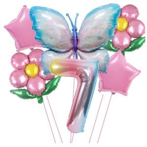 Set baloane aniversare cu numere, din folie de aluminiu, 6 piese, 2 flori, 2 stelute, 1 fluture, 1 cifra, Multicolor, Cifra 7