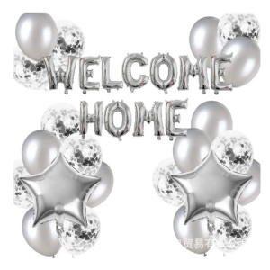 Set baloane folie si latex, Flippy, WELCOME HOME, 22 de piese, 20 baloane latex, 2 baloane stea Folie, 1 set Welcome Home, Argintiu