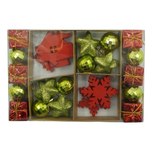 Set de 24 ornamente de brad, Flippy, de tip Glob, Rosu/ Auriu, din polistiren, cu finisaj sclipitor , cutie 3 cm adancime x 20 cm lungime x 14 cm inaltime
