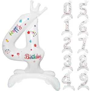 Balon din Folie Metalizata, Flippy, Figurina Cifra, Model 4 cu Happy Birthday Scris, Tema Aniversare 81 cm, Ambalaj Individual, Pai Inclus, Umflare cu Aer sau Heliu, Alb