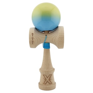 Kendama X Originala, Profesionala, Flippy, Big Cups V2, Super Sticky cu Cupe Mari, din lemn 18 cm, Rulment Metalic cu Ata 55 cm, Galben/Albastru