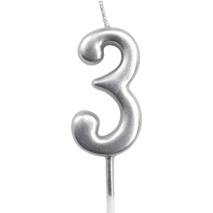 Lumanare de Tort, Flippy, Model Cifra 3, Party, 4.5 x 2.5 cm, din Parafina, Argintiu