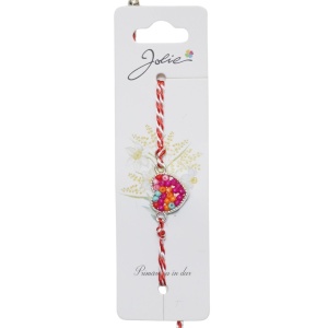 Martisor Bratara Snur Alb-Rosu, Jolie, Pandantiv Metalic, Model Inimioara