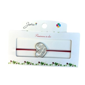 Martisor tip Bratara cu Pandantiv Metalic, Jolie, Snur Textil Rosu, Model Inima Super Mama, Dimensiune Reglabila, Nod Dublu, Ambalata Individual