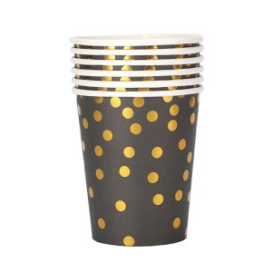 Set 10 Pahare, Flippy, Imprimeu cu Buline, din Carton, 250 ml, 7.5 x 8.5 x 5.2 cm, Negru/Auriu