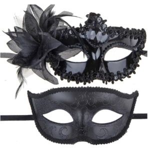 Set 2 Masti de Cuplu, Flippy, pentru Carnaval, Bal Mascat, Marime Universala, Model Floare Laterala si Margele, Model Clasic, Negru Gri