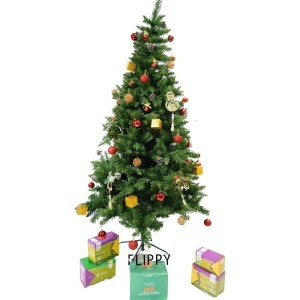 Set brad artificial de Craciun si elemente decorative, nins, decorat cu conuri pin, pentru interior/exterior, inaltime 210 cm, diametru 131 cm, 630 ramuri, Flippy, alb/verde, suport metalic inclus