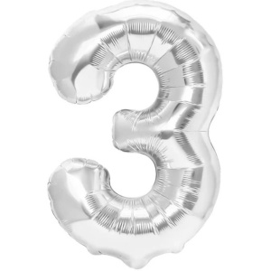 Balon din Folie Metalizata, Flippy, Figurina Cifra, Tema Aniversare 80 cm, Ambalaj Individual, Pai inclus, Umflare cu Aer sau Heliu, Argintiu, Cifra 3