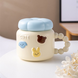 Cana pentru Copii, Flippy, din Portelan, print Figurine Animalute, Model CUTE, Cana cu Capac, Ceasca pentru Cafea, Ceai, 400ml Galben deschis