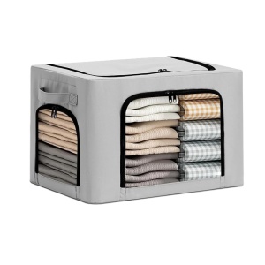 Cutie de Depozitare, Flippy, cu 3 Ferestre cu Fermoar Bidirectional, Cadru din Otel, Impermeabil, 38L, 42 x 30 x 30 cm, Gri