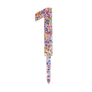 Decoratiune Topper pentru Tort, Flippy, din Acrilic cu Fulgi de Sclipici, Model Cifra 1, Inaltime 18.5 cm, Transparent Multicolor