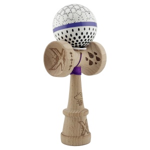 Kendama X Originala, Profesionala, Flippy, RAINDROPS, Super Sticky cu Cupe Mari KING SIZE V3, Gaura in Baza, Rulment Metalic, din lemn 18 cm, Ata 62/65 cm, Alb/Albastru