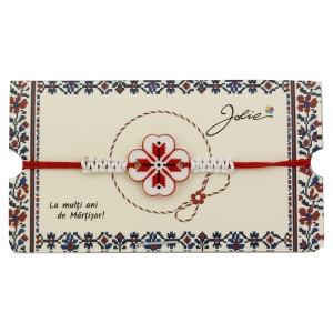 Martisor Traditional Bratara Norocoasa, Jolie, Model Trifoi Port Traditional, Bratara Martisor pentru Copii, din Plastic/Textil, Snur Rosu/Alb