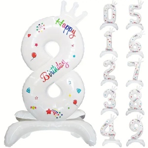 Balon din Folie Metalizata, Flippy, Figurina Cifra, Model 8 cu Happy Birthday Scris, Tema Aniversare 81 cm, Ambalaj Individual, Pai Inclus, Umflare cu Aer sau Heliu, Alb