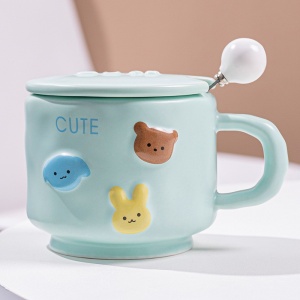 Cana ceramica, Flippy, din Portelan, print Figurine Animalute, Cana penru Copii, Model CUTE, Cana cu Lingura si Capac, Ceasca pentru Cafea, Ceai, 400ml Albastru