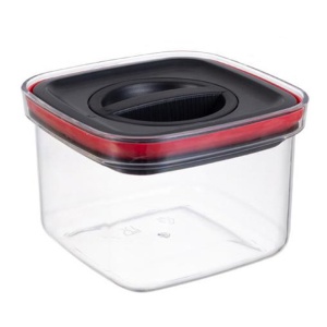 Cutie de Depozitare Alimente, Flippy, Cutie de tip Container, Recipient pentru Cereale in Bucatarie, S 11.5 x 11.5 x 8 cm, volum 600 ml, Transparenta cu Capac Negru