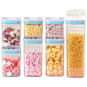 Cutii de Depozitare Alimente, Flippy, Set din 7 Cutii de tip Container, 2x0.5 l, 2x0.8 l, 2x1.2 l, 1x1.9 l, Recipiente pentru Cereale in Bucatarie, Transparente cu Capac Albastru-Alb